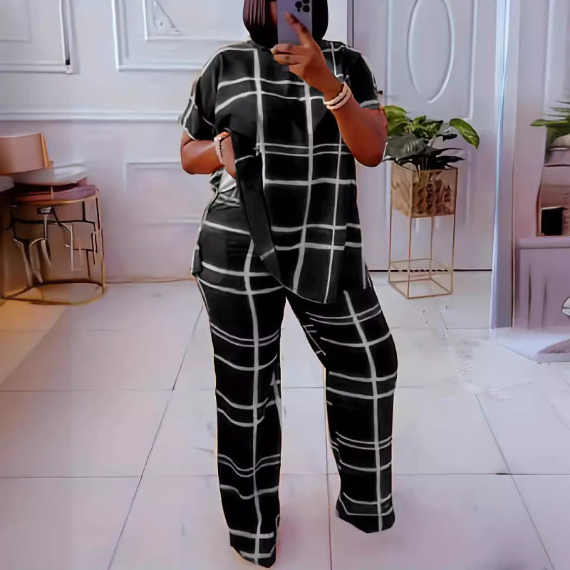 Conjunto de dos piezas informal de talla grande para mujer, con estampado a cuadros, manga corta, pantalones anchos