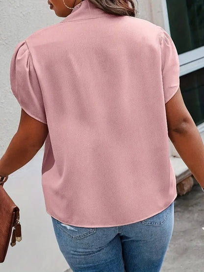 Women Fashion Casual Plus Size Solid Color Lace-Up Bowknot Short-Sleeve Blouse