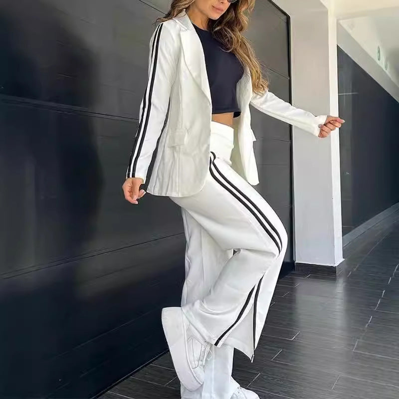 Conjunto de dos piezas de blazer, abrigo y pantalones con solapa y manga larga informal para mujer