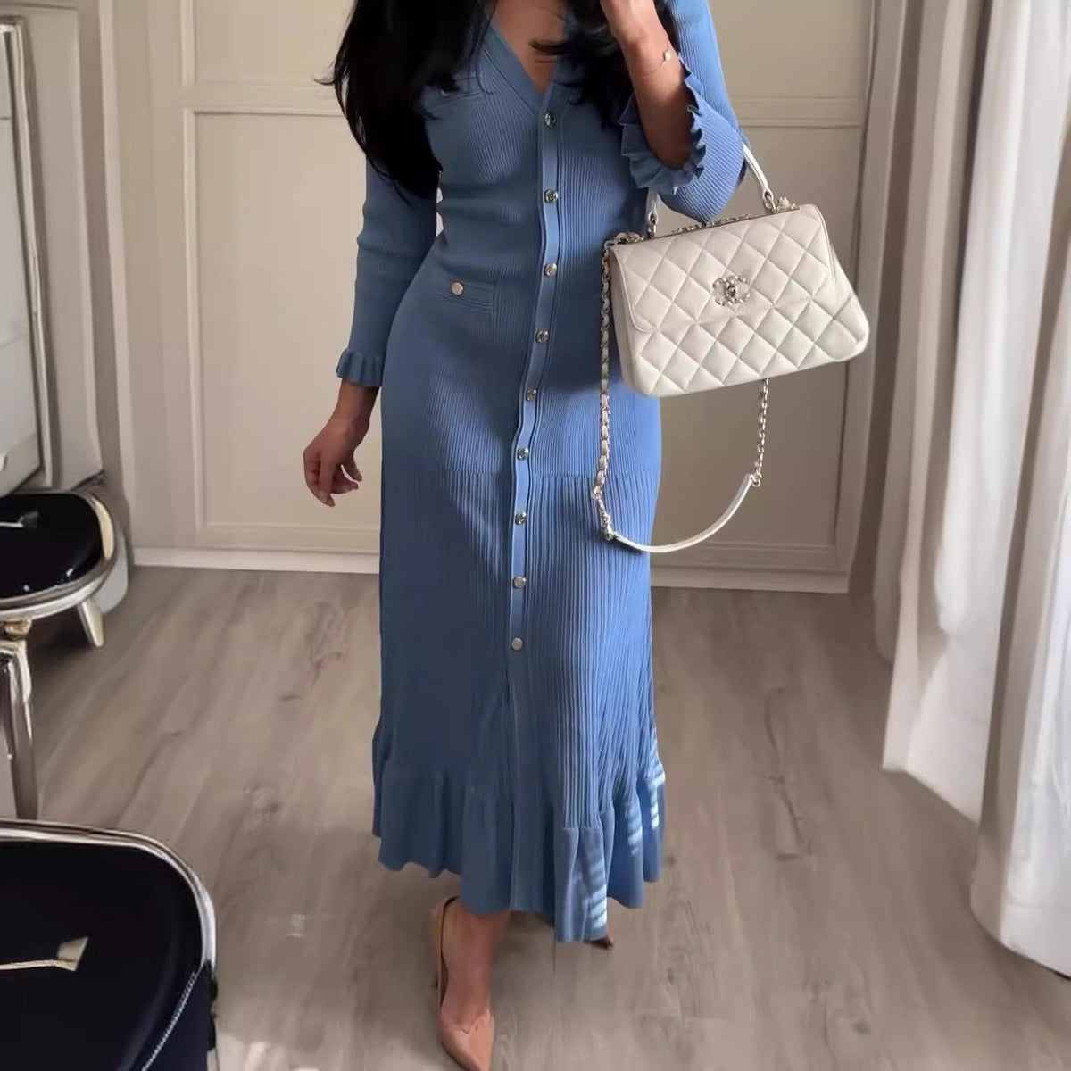 Vestido maxi de punto ajustado de manga larga con escote en V y color liso informal de otoño para mujer