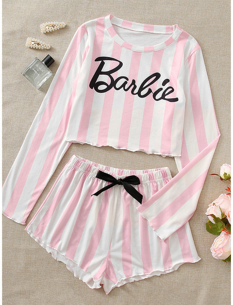 Conjunto de pijama informal para mujer, con estampado de letras y rayas anchas en color rosa, de manga larga, con top corto y pantalones cortos con lazo