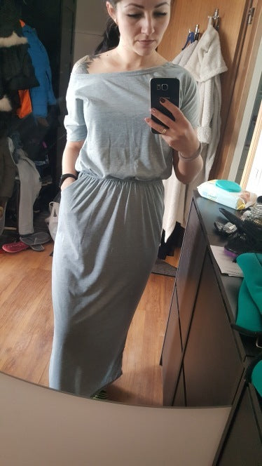 Women Casual Basic Solid Color Short Sleeve Summer Oblique Shoulder Side-slit Pocket Loose Dress
