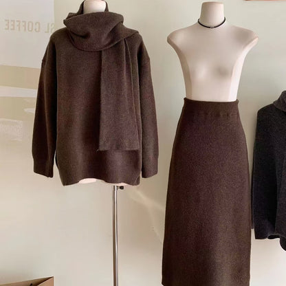 Women Fashion Casual Solid Color Knitted Scarf Long-Sleeve Sweater Loose Skirt Three-Piece Set