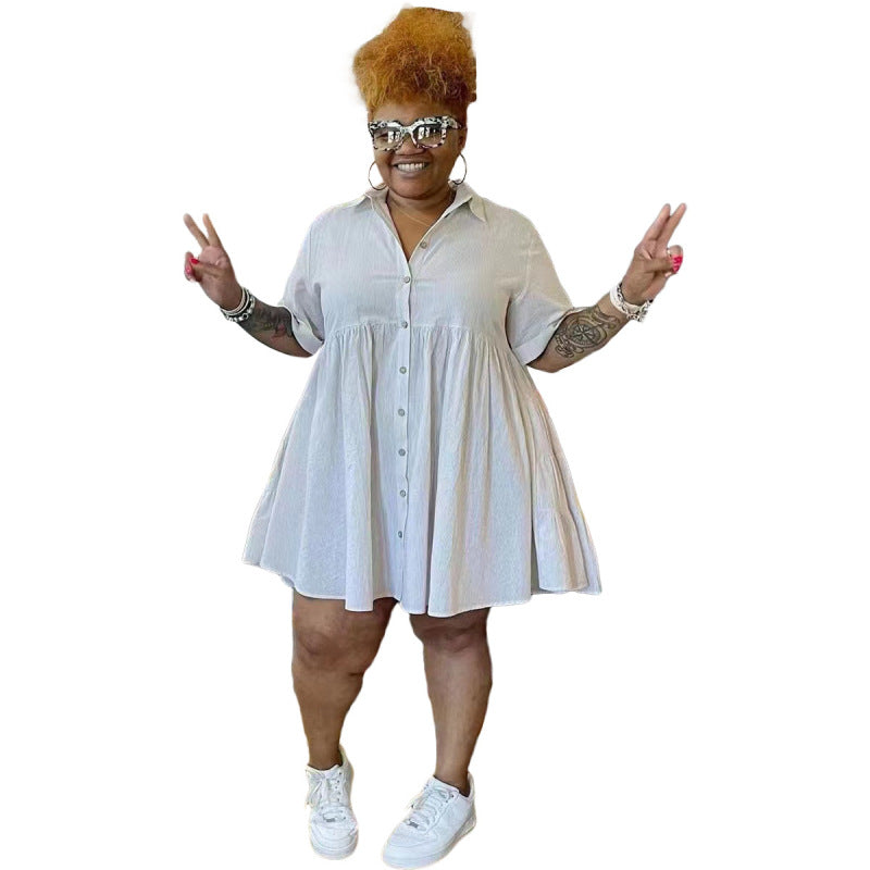 Women Casual Basic Solid Color Single-breasted Short Sleeves Plus Size Ruffled Dress