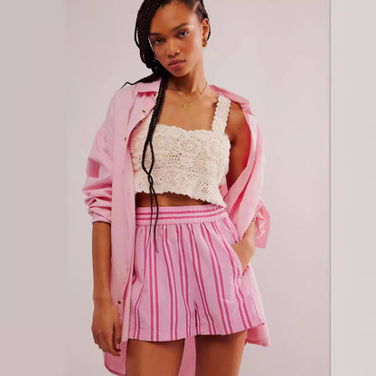 Women Casual Stripe Print High Waist Shorts