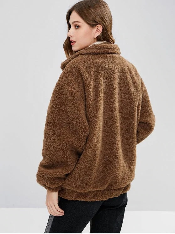 Abrigo de peluche de manga larga con bolsillo y solapa de color liso para mujer, informal, de invierno