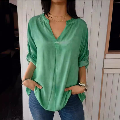 Camisa informal sencilla de color liso con cuello en V para mujer