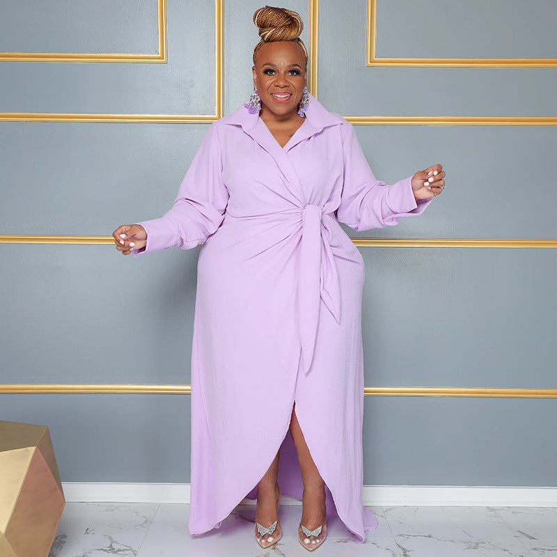 Women Fashionable Casual Plus Size Solid Color Long Sleeve Lel High Waist Split Dress