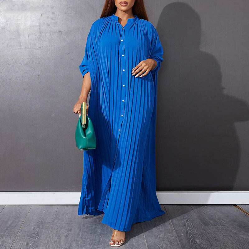 Women Fashion Plus Size Solid Color Loose Casual Creased Maxi Dress