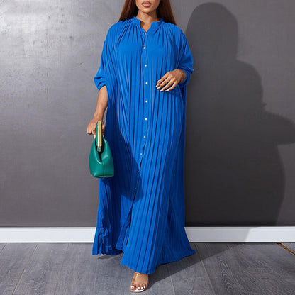 Women Fashion Plus Size Solid Color Loose Casual Creased Maxi Dress