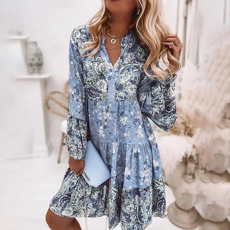 Bohemian Women Elegant Vintage Spring Casual V Neck Ruffled Long Flare Sleeves Mini Dress