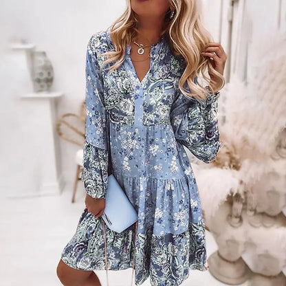 Bohemian Women Elegant Vintage Spring Casual V Neck Ruffled Long Flare Sleeves Mini Dress