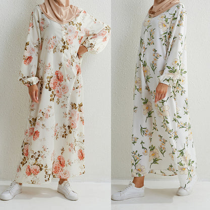 Vestido largo abaya informal holgado de manga larga de color liso para mujer