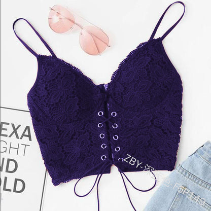 Women Edgy Casual Sleeveless Solid Color Lace Crop Camisole Bra