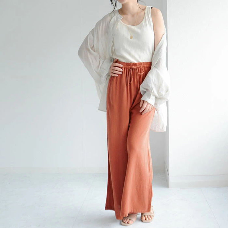 Women Casual Loose Solid Color Mid-Waist Linen Cotton Blend Wide Leg Pants