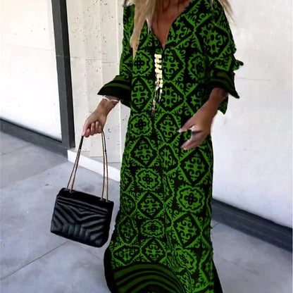 Women Casual Boho Style Geometry Stripe Print Long Sleeve V Neck Loose Maxi Dress