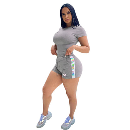 Women Fashion Athleisure Solid Color Shor Tsleeve T-Shirt Shorts Casual Sports Set