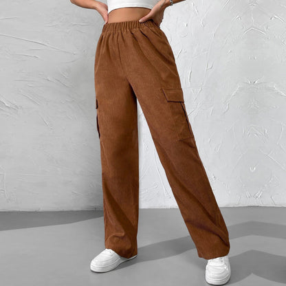 Women Solid Color High Waist Pocket Casual Loose Elastic Pants
