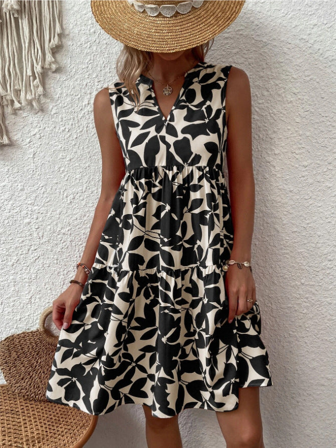 Vestido bohemio informal de vacaciones para mujer, holgado, con escote en V, plisado, estampado floral, sin mangas
