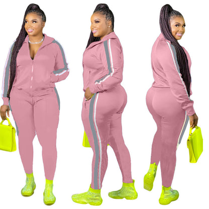 Conjunto de top informal de manga larga con solapa y cremallera para mujer, talla grande, y pantalones ajustados con bloques de color