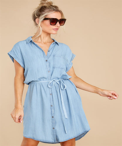 Women Fashion Casual Solid Color Defined Waist Denim Long Shirt Dress