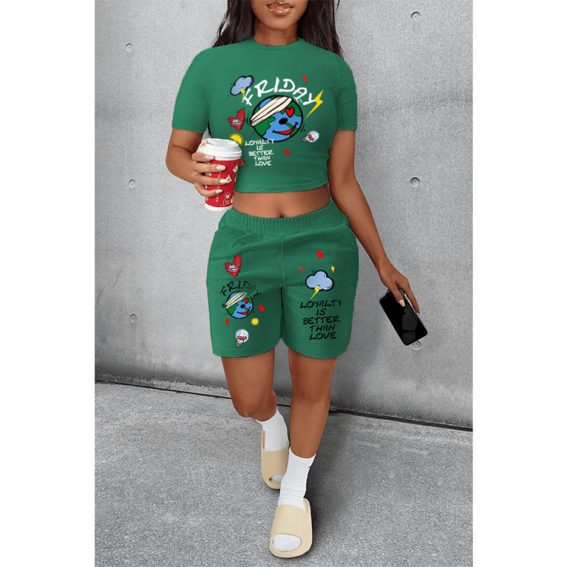 Conjunto informal de dos piezas de camiseta y pantalones cortos de manga corta con estampado de la Tierra para mujer de verano