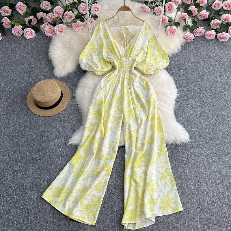 Mono elegante de manga corta con cuello en V, informal, de cintura alta, con estampado celadón, recto y pierna ancha para mujer.