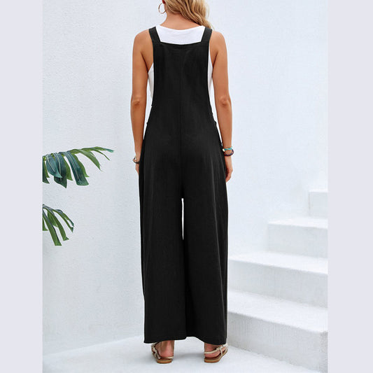Women Solid Color Casual Wide Leg Suspender Jumpsuits