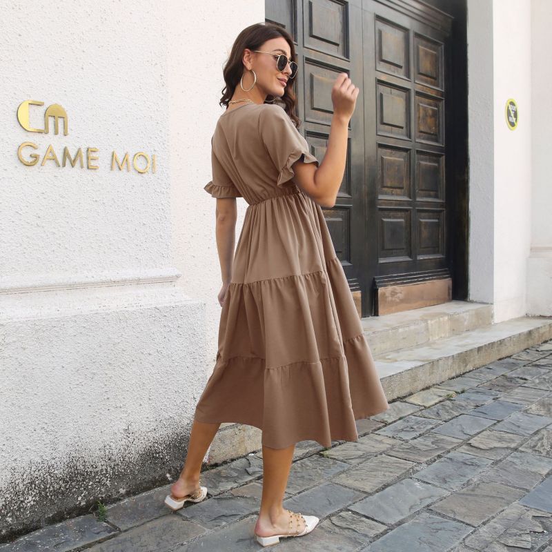 Women'S Casual Solid Color V-Neck Dress