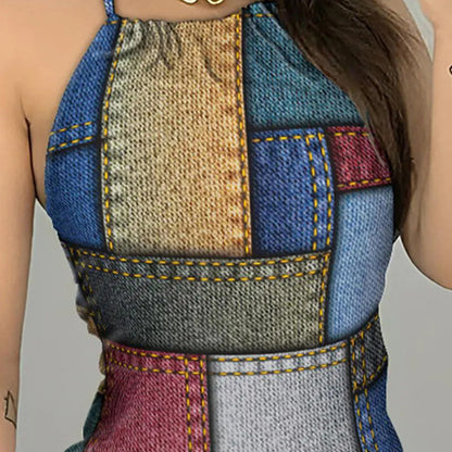Women Summer Casual Sleeveless Halter Neck Tie-Up Denim Printed Backless Short Dress