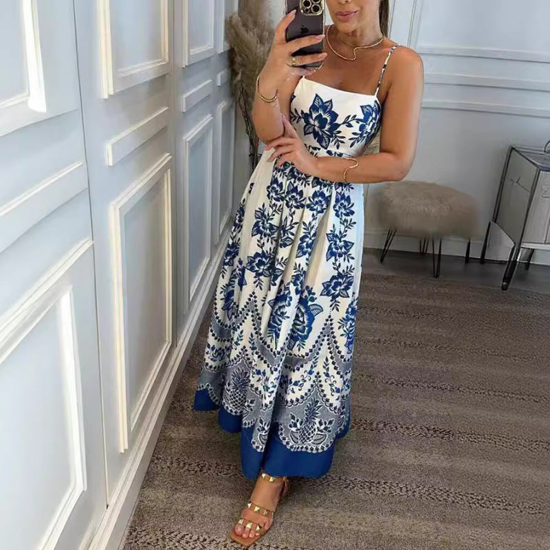 Bohemian Women Casual Print Strap Maxi Dress