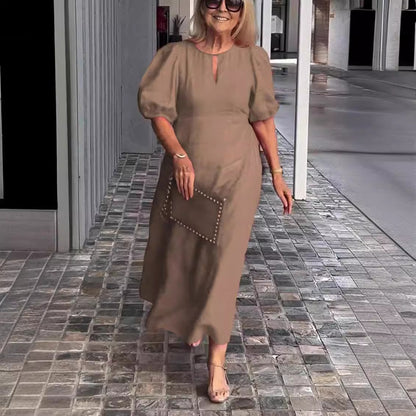 Plus Size Women Summer Solid Color Casual Crewneck Puff Sleeve Maxi Dress