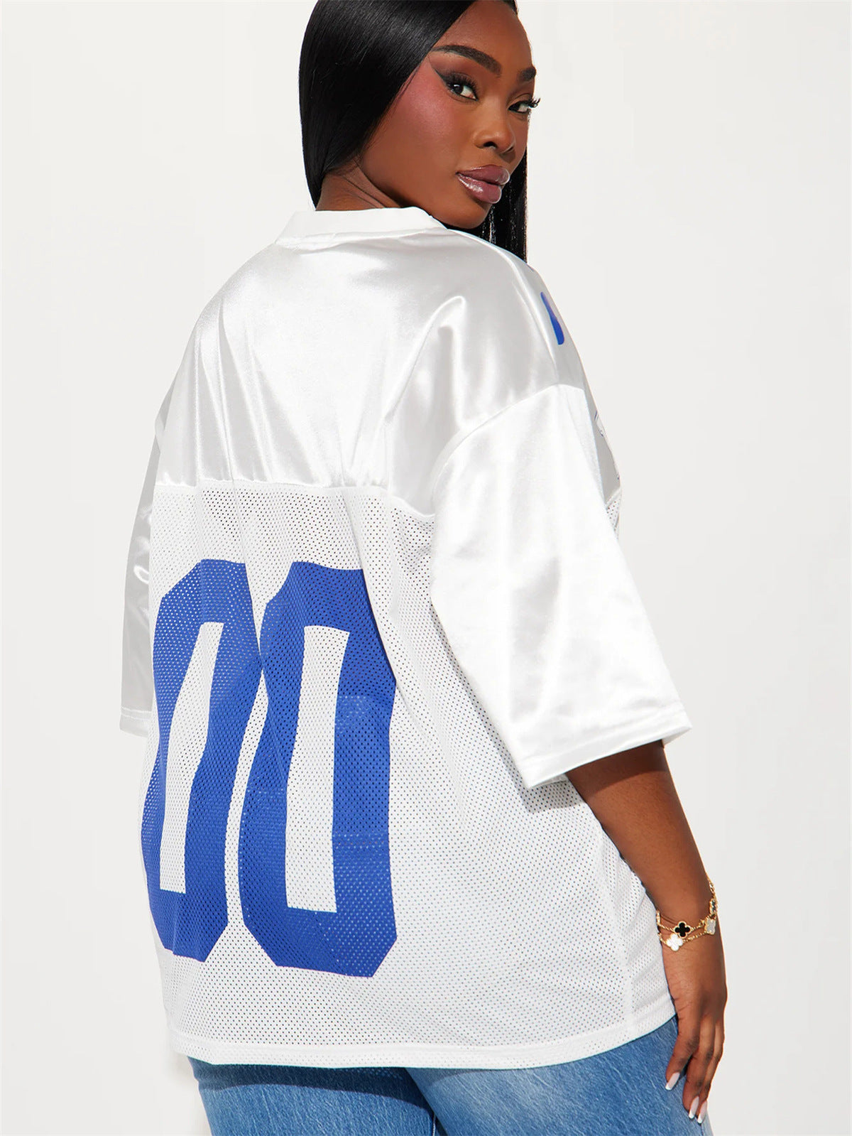 Camiseta de jersey de manga corta con cuello en V y estampado digital holgado informal para mujer