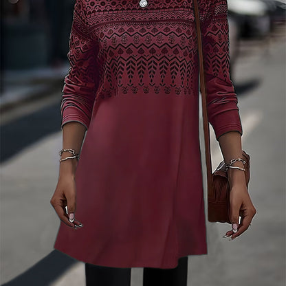 Women Fashion Casual Geometric Print Round Neck Long Sleeve Dress