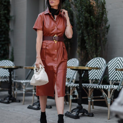 Women Fashion Casual PU Solid Color Leather Lapel Belt Short Sleeve Dress