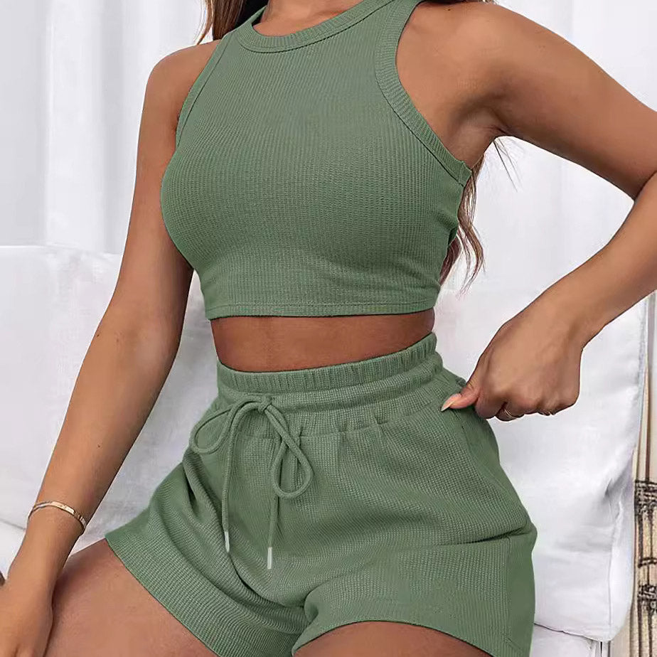 Conjunto de dos piezas formado por camiseta sin mangas y pantalones cortos con cordón, color liso, informal, a la moda de verano para mujer