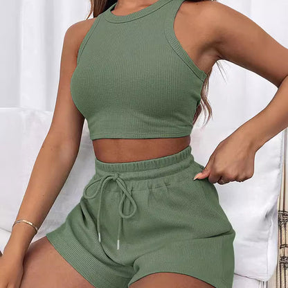 Conjunto de dos piezas formado por camiseta sin mangas y pantalones cortos con cordón, color liso, informal, a la moda de verano para mujer