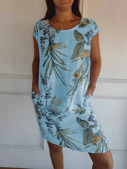 Vestido informal holgado con estampado de cuello redondo y manga corta con bolsillos para mujer