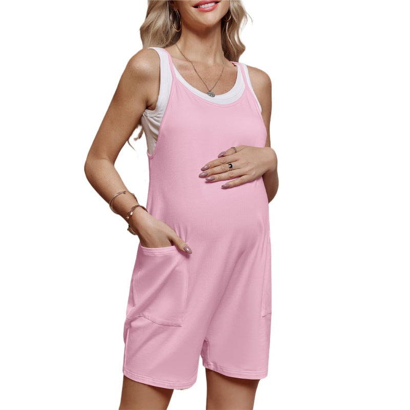 Women Casual Loose Sleeveless Suspender Pregnant Solid Color Pocket Maternity Rompers
