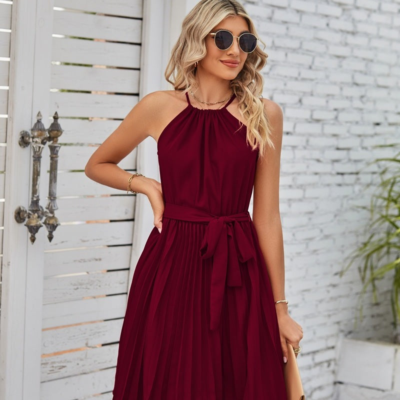 Women Casual Elegant Style Chiffon Halter Neck Lace-Up Sleeveless Pleated Dress