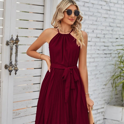 Women Casual Elegant Style Chiffon Halter Neck Lace-Up Sleeveless Pleated Dress