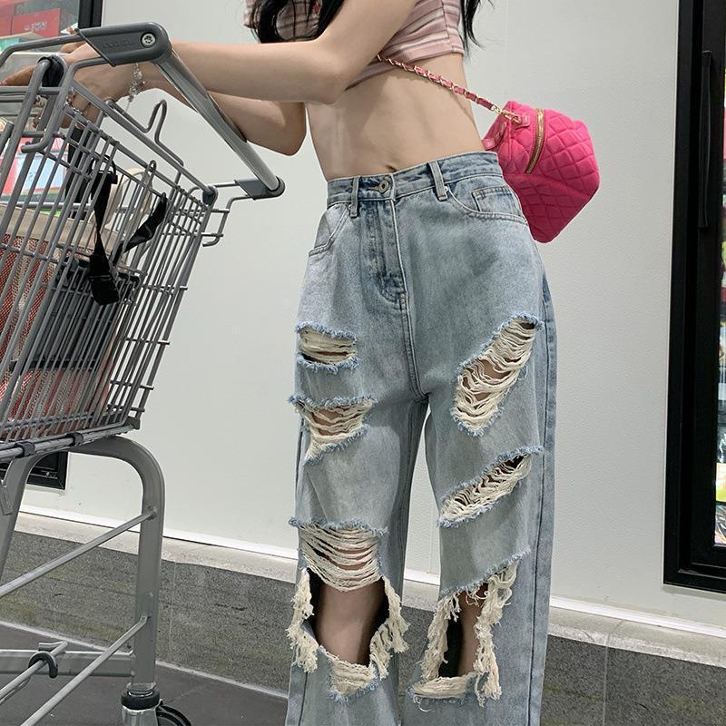 Vaqueros rectos, rotos, holgados e informales de cintura alta para mujer