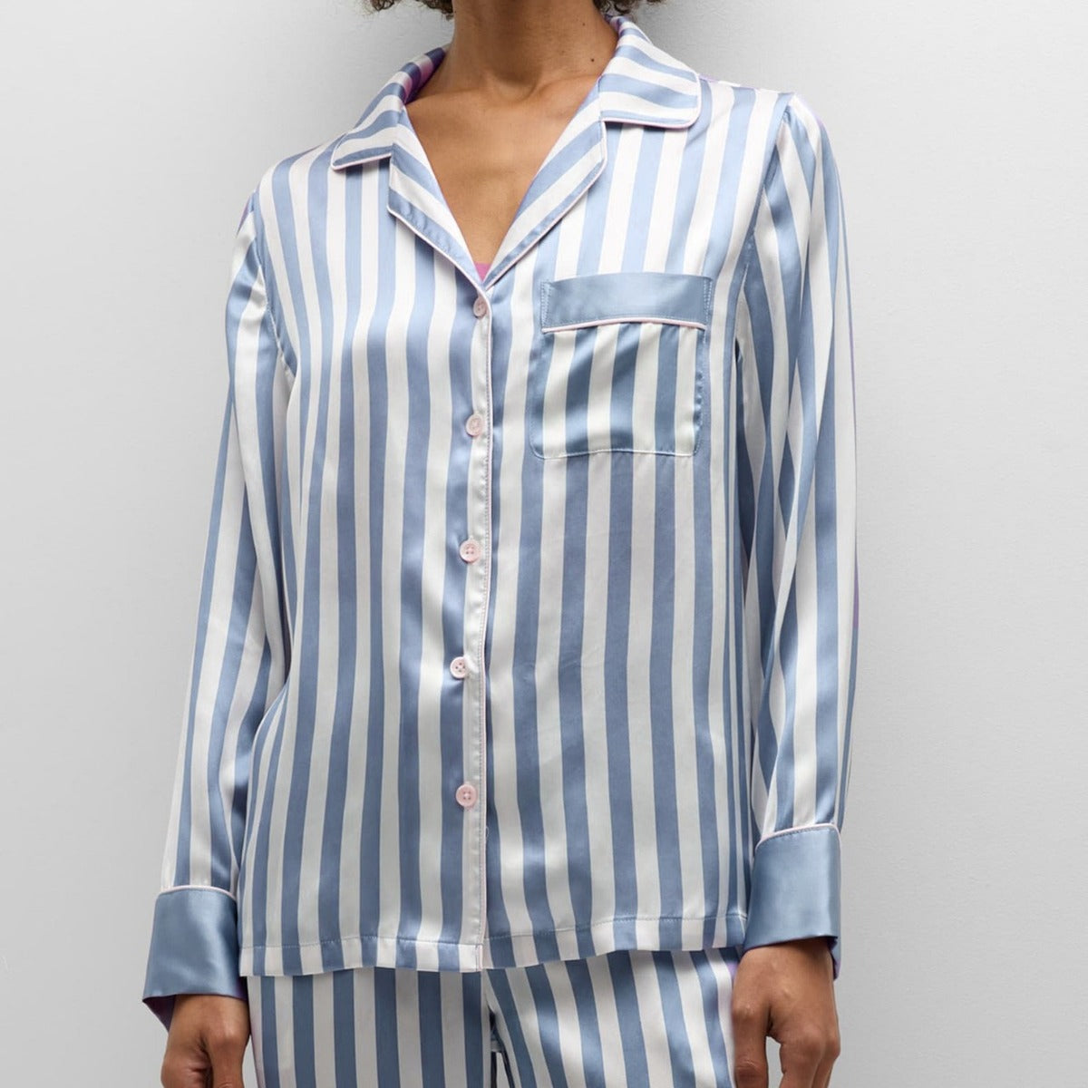 Conjunto de pijama de dos piezas para mujer, informal, a rayas, con solapa, manga larga, pantalones holgados