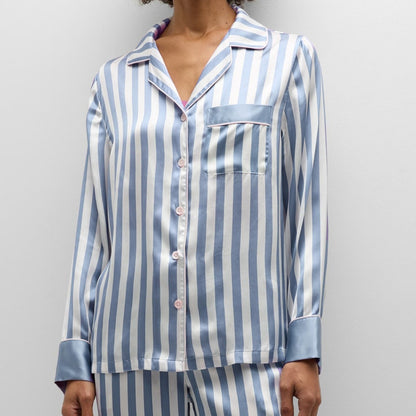 Conjunto de pijama de dos piezas para mujer, informal, a rayas, con solapa, manga larga, pantalones holgados