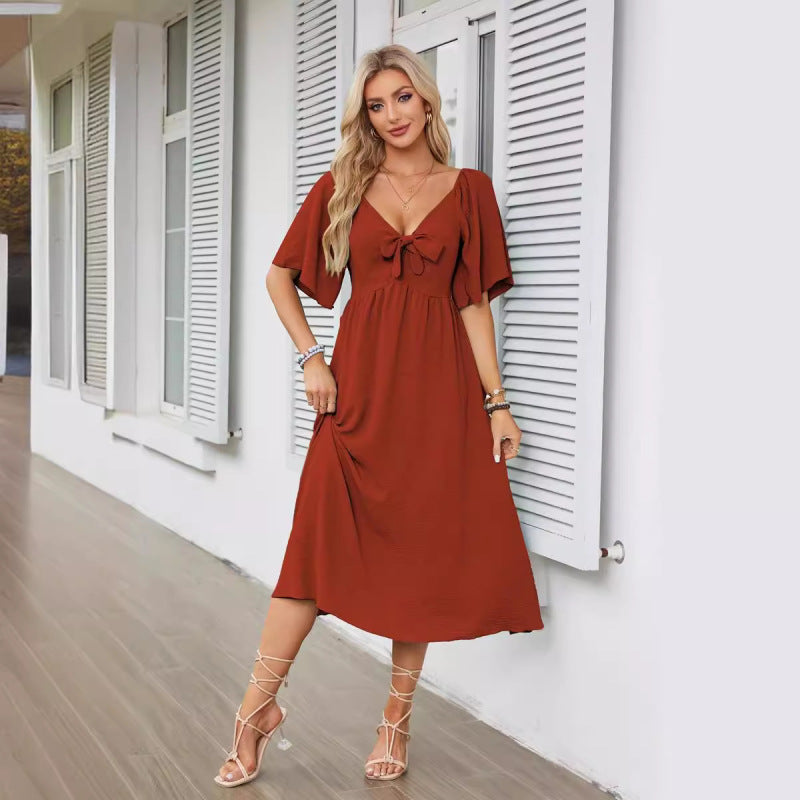 Vestido informal de manga corta con lazo y escote en V para mujer