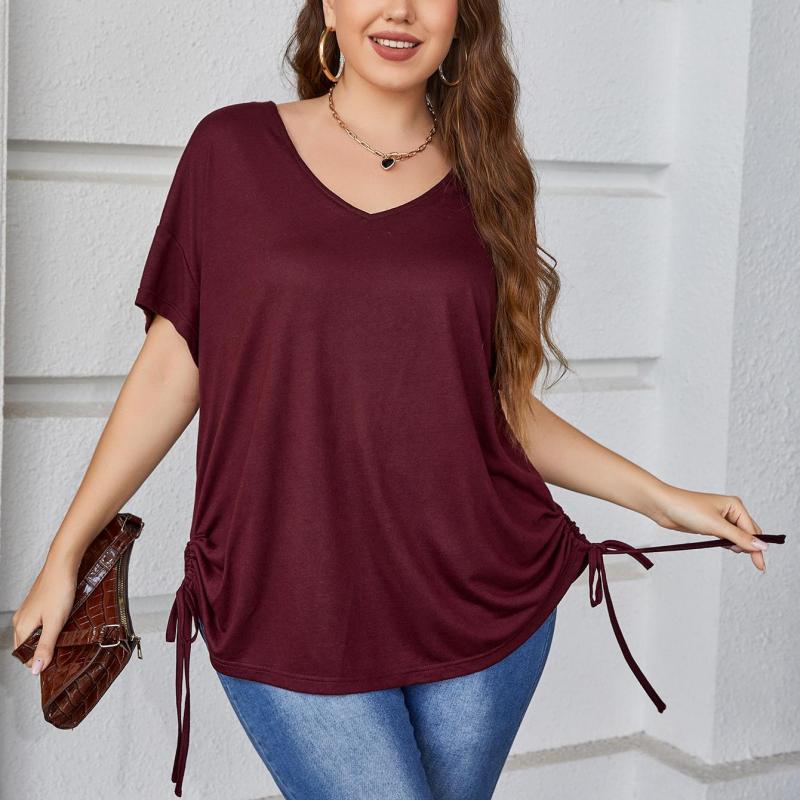 Women Plus Size Casual Solid Color Short Sleeve Drawstring Top