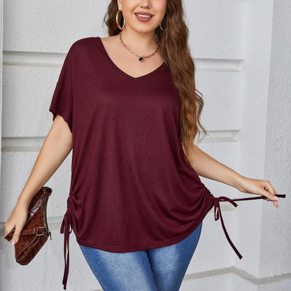 Women Plus Size Casual Solid Color Short Sleeve Drawstring Top