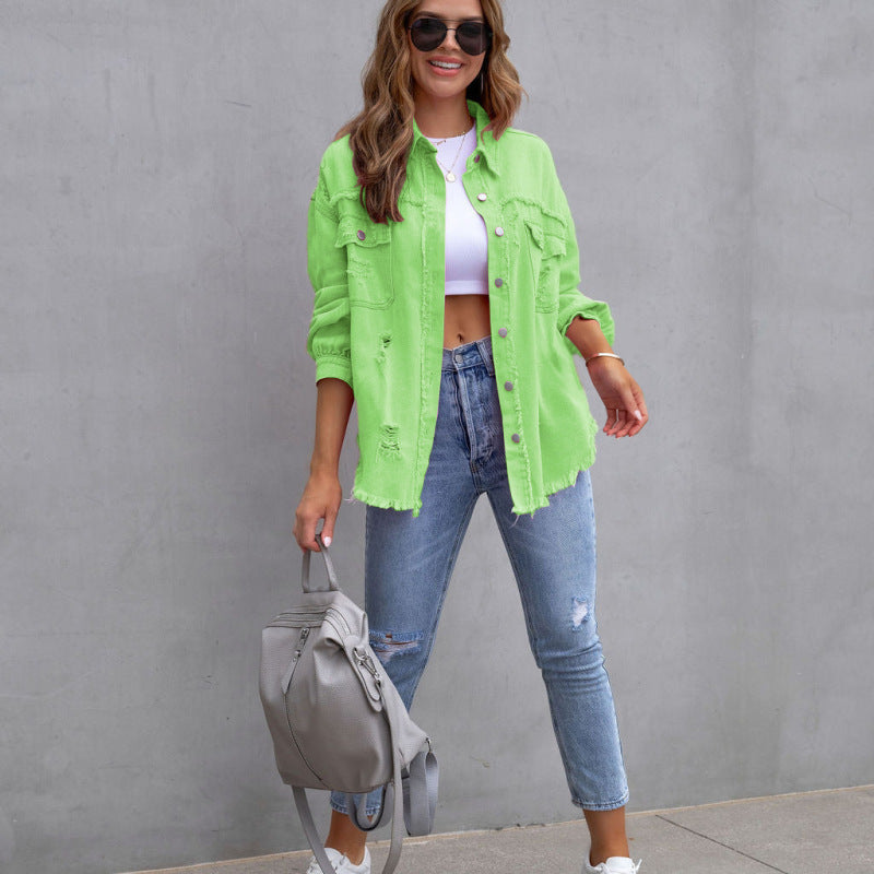 Abrigo vaquero rasgado con solapa informal a la moda para mujer