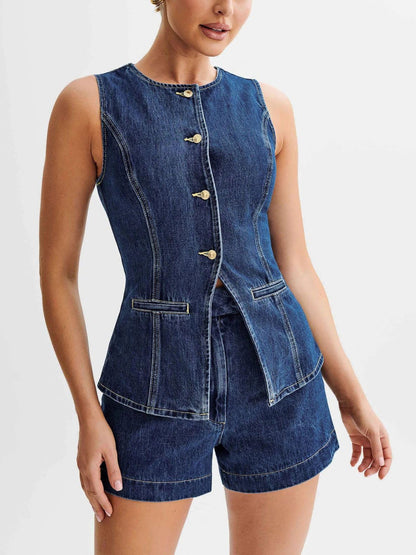 Conjunto de dos piezas de chaleco sin mangas informal y pantalones cortos vaqueros para mujer