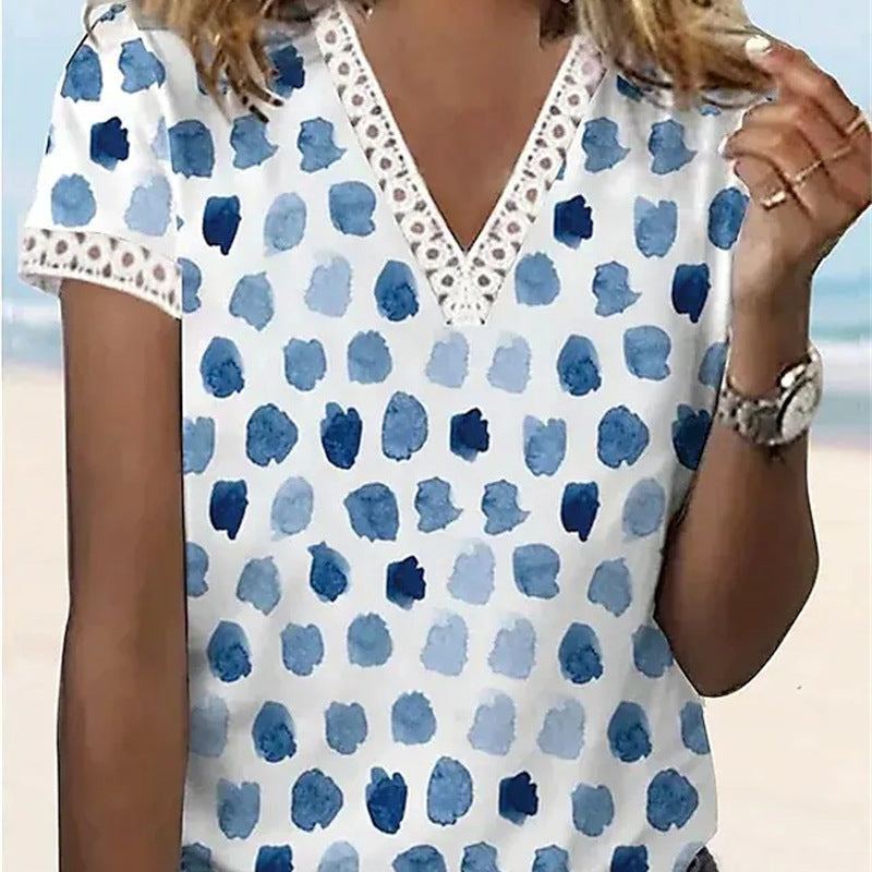 Blusa informal de verano para mujer, con escote en V, encaje, plumas, estampado floral, manga corta